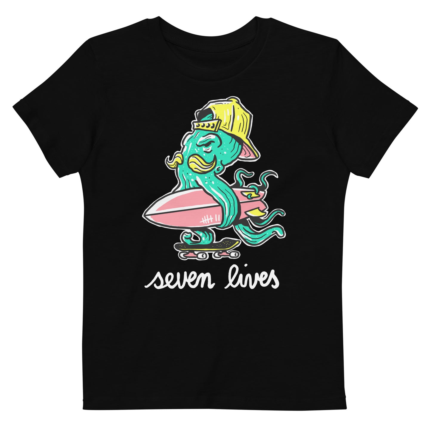SEVEN LIVES *KIDS* - OCTOSURF // Frontprint - Black Unisex Organic T-Shirt