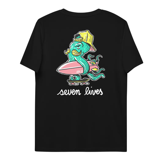 SEVEN LIVES - OCTOSURF // Front & Backprint - Black Unisex Organic T-Shirt