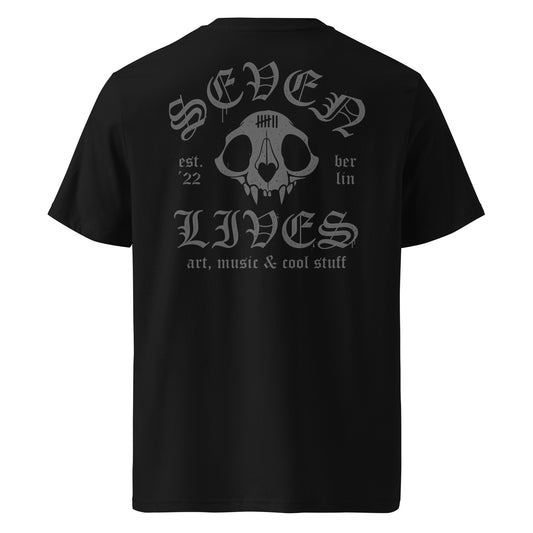 SEVEN LIVES - CAT SKULL // Front & Backprint - Black Unisex Organic T-Shirt