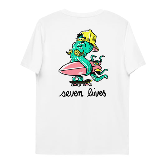 SEVEN LIVES - OCTOSURF // Front & Backprint - White Unisex Organic T-Shirt