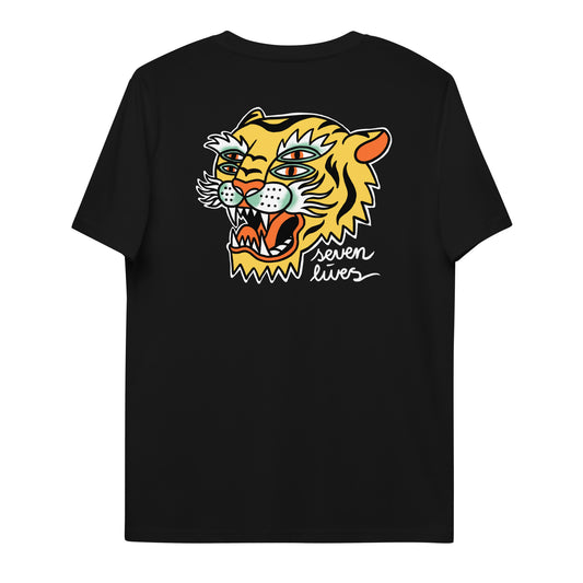SEVEN LIVES - TIPSY TIGER // Front & Backprint - Black Unisex Organic T-Shirt